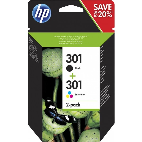 Pack 2 HP 301 Black and Color N9J72AE Ink Cartridges