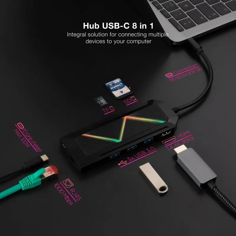 HUB Nanocable 8 em 1 USB-C 3.0 com 3x USB-A 3.0, 1x USB-C PD, 1x HDMI, 1x RJ45, 1x SD, 1x TF - Carcaça de Aluminio - Cabo 0.15m10.16.0801NanocableCabos e AdaptadoresChip Ink | Informática | Tinteiros e Toners | Gaming