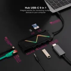 HUB Nanocable 9 em 1 USB-C3.0 com 3xUSB-A 3.0,1xUSB-C PD,1xHDMI, 1xRJ45, 1xAudio3.5mm,1xSD,1xTF -Carcaça Aluminio - Cabo 0.15m